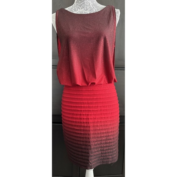 R&M Richards 12P Red Sleeveless Glitter Blouson Dress Ruffle Hem Open Back - Picture 2 of 16